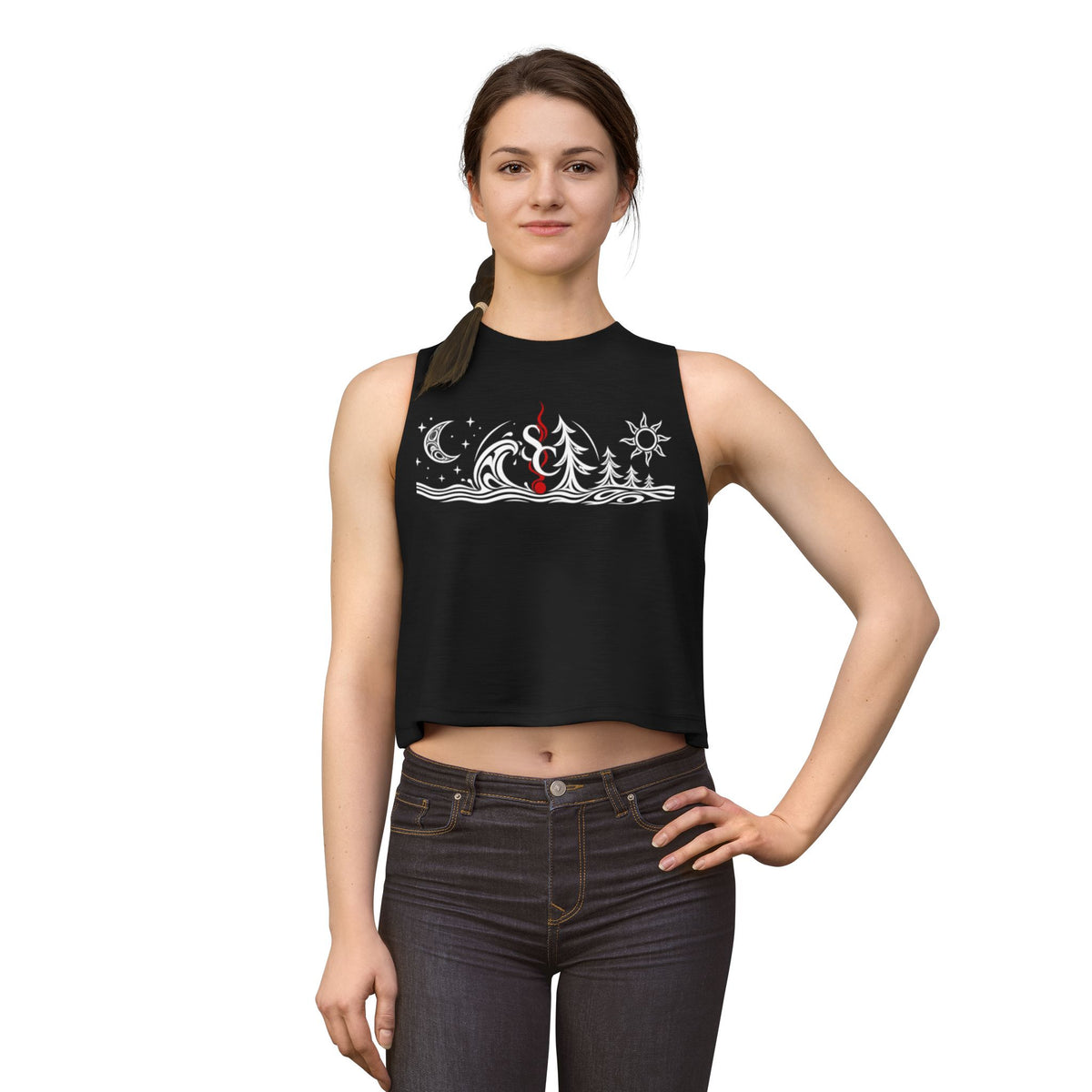 Crop Top — Moon, Waves & Trees Graphic Tank (sun, moon, stars nature design)