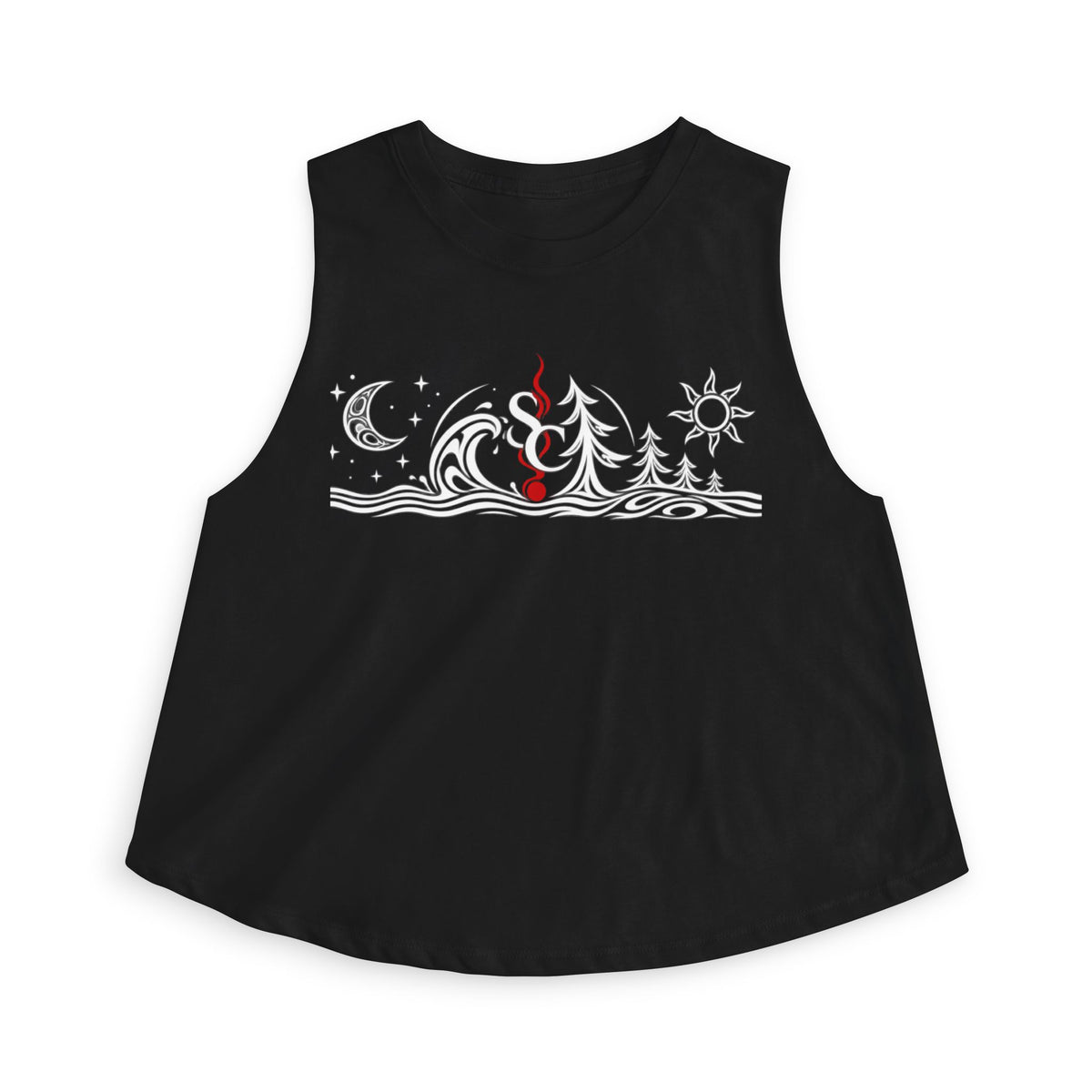 Crop Top — Moon, Waves & Trees Graphic Tank (sun, moon, stars nature design)