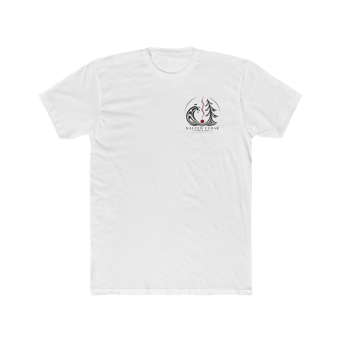 Camping Wolf Tee — Minimal Outdoor Graphic T-Shirt with Pine Trees and Campfire